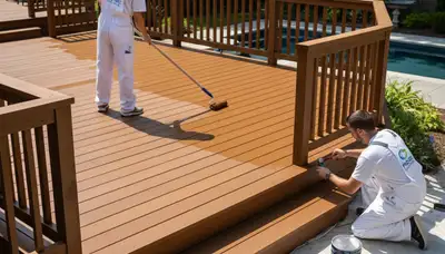 Mountain View, CA painters staining a deck for weather protection and curb appeal